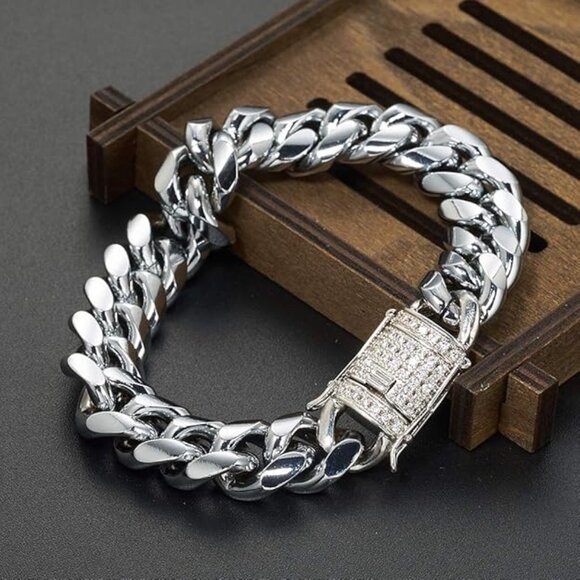 NEW! Mens Miami Cuban Link Chain Bracelet White 15mm Stainless Steel Curb - Picture 1 of 3